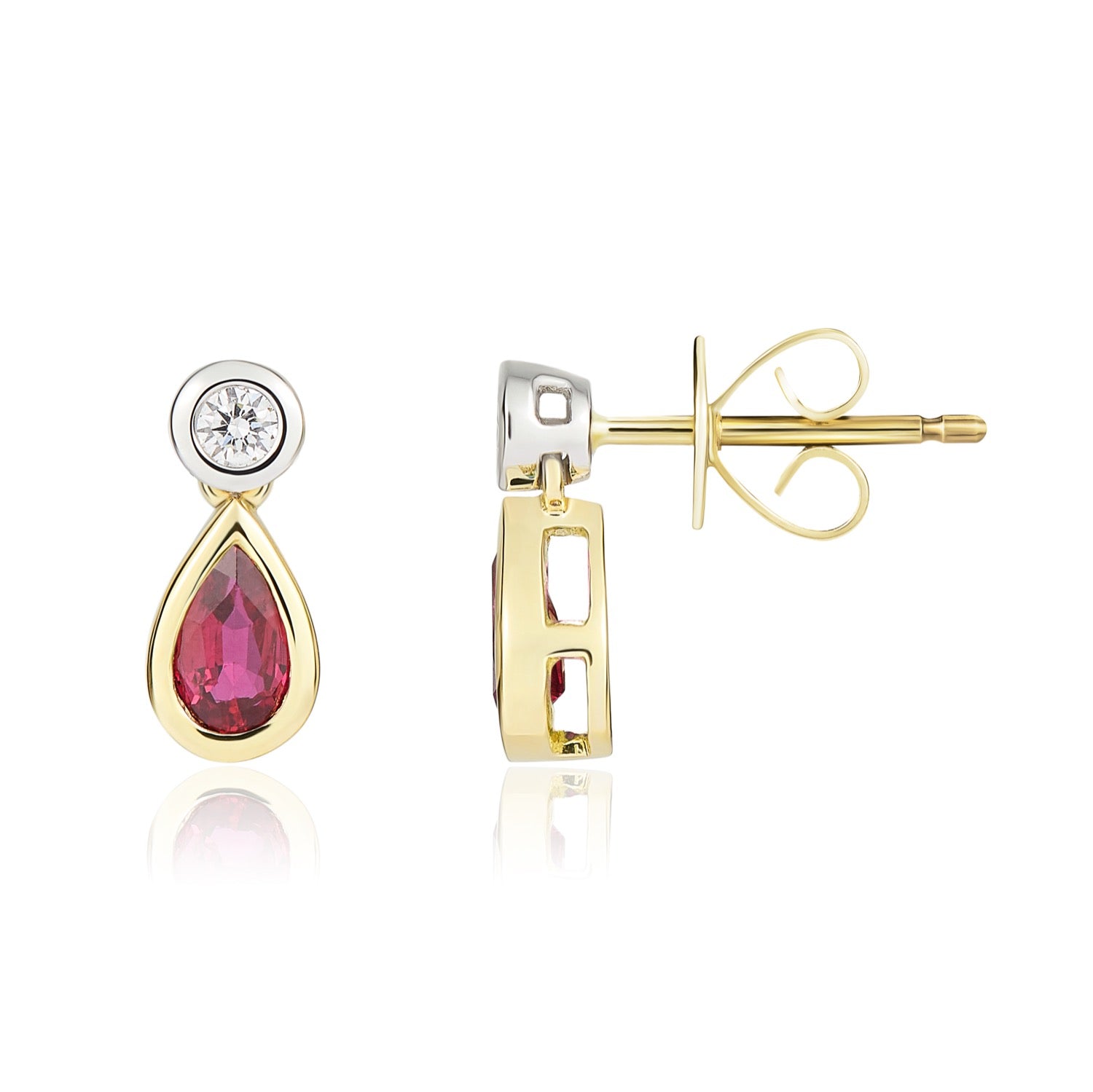 18ct Yellow And White Gold Pear Shaped Natural Ruby and Diamond Rubover 2 Stone Drop Earrings — 5x3mm