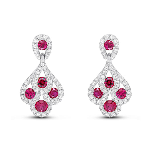18ct White Gold Natural Ruby and Diamond Peacock Drop Earrings