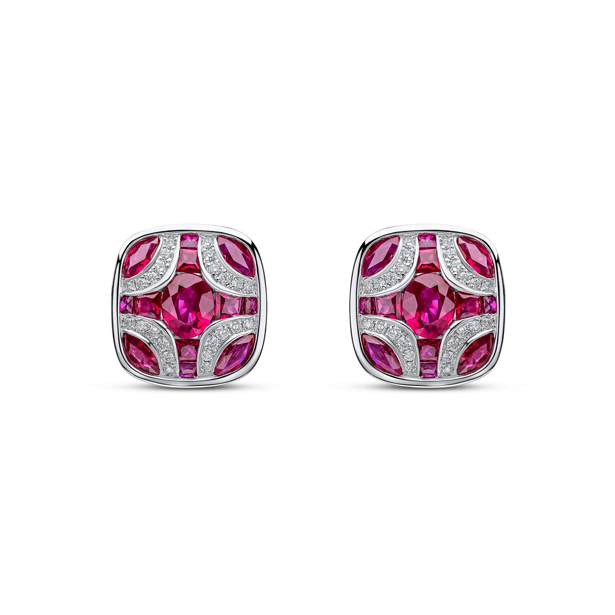 18ct White Gold Natural Ruby & Diamond Shield Stud Earrings