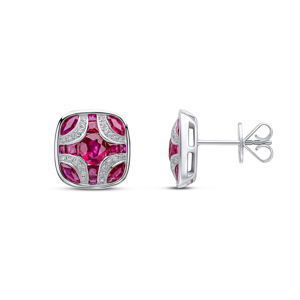 18ct White Gold Natural Ruby & Diamond Shield Stud Earrings