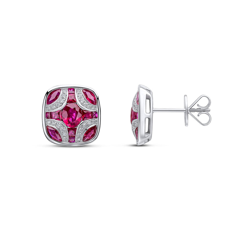 18ct White Gold Natural Ruby & Diamond Shield Stud Earrings