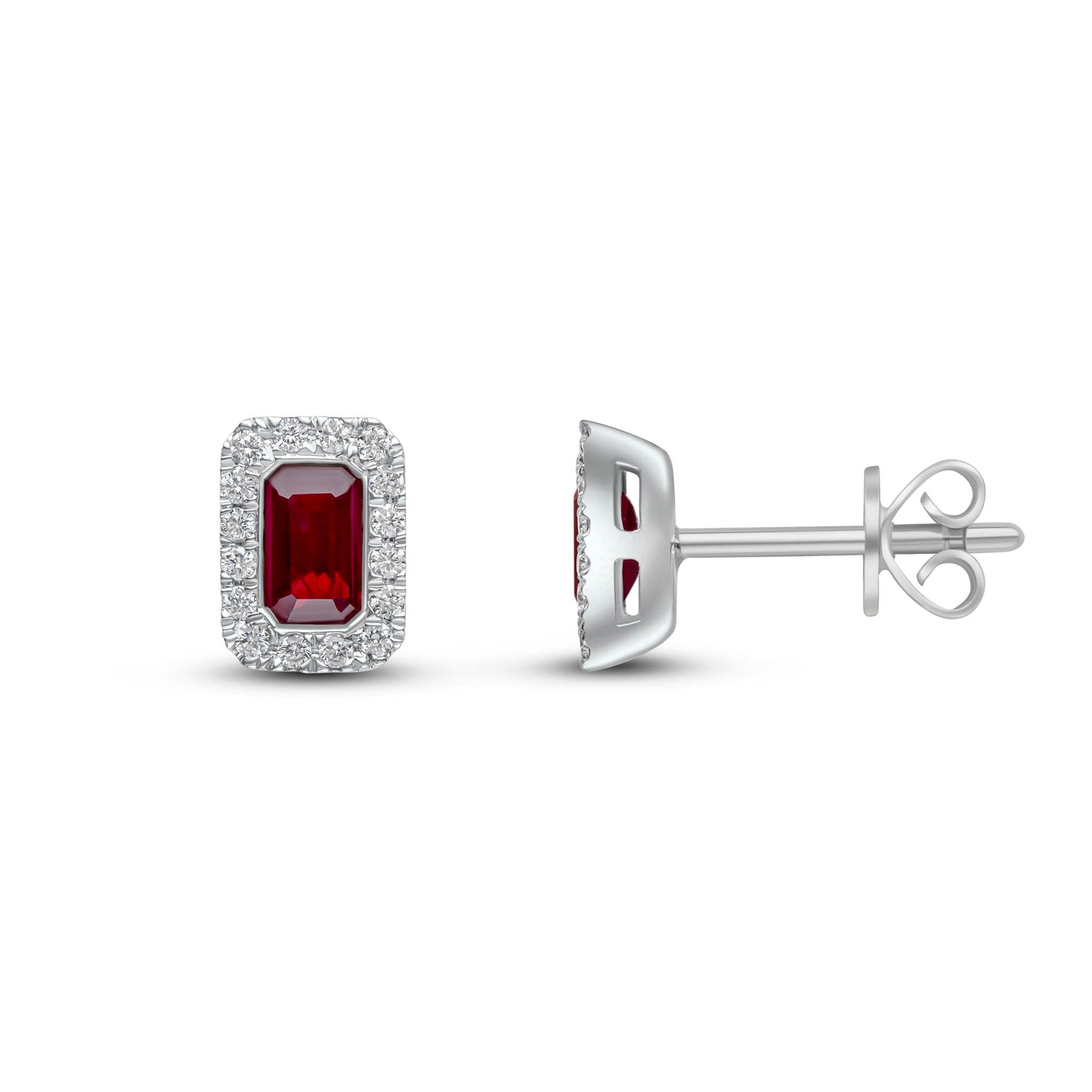 18ct White Gold Octagonal Emerald Cut Natural Ruby and Diamond Cluster Earrings — 5x3mm