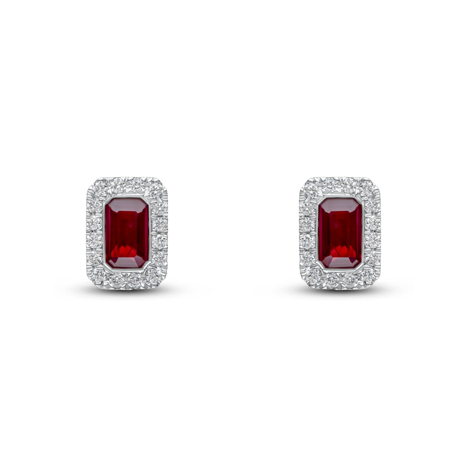 18ct White Gold Octagonal Emerald Cut Natural Ruby and Diamond Cluster Earrings — 5x3mm