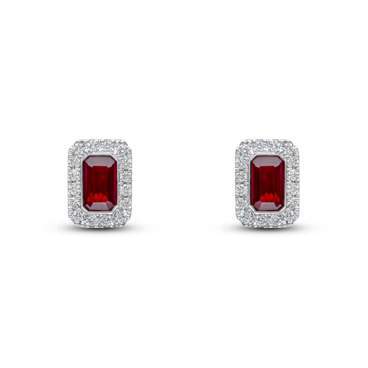 18ct White Gold Octagonal Emerald Cut Natural Ruby and Diamond Cluster Earrings — 5x3mm