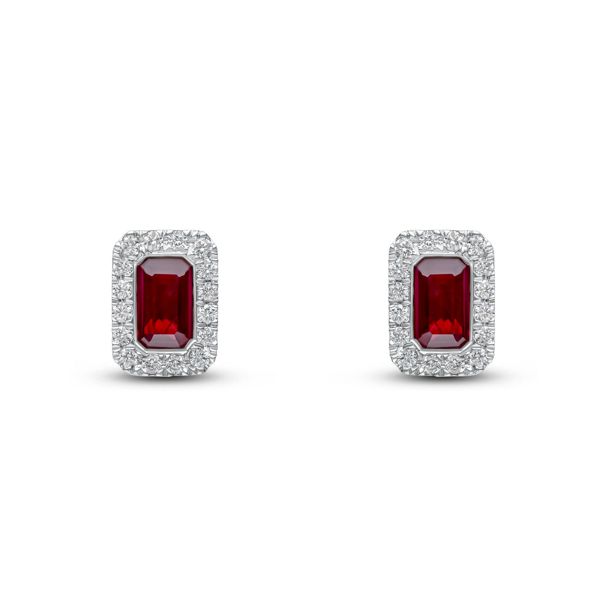 18ct White Gold Octagonal Natural Ruby & Diamond Cluster Stud Earrings — 5x3mm
