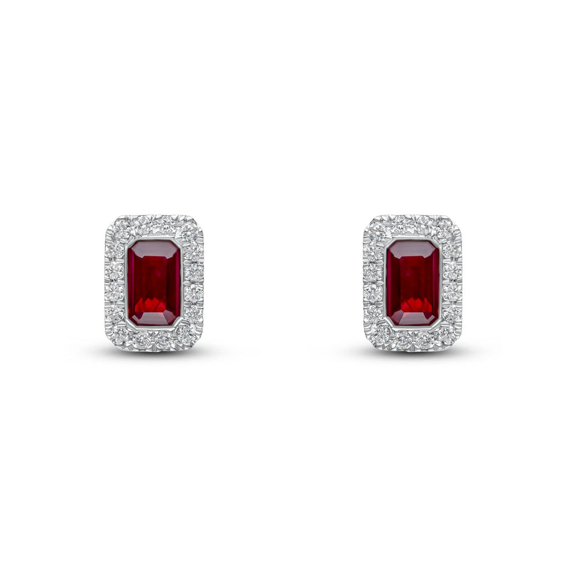18ct White Gold Octagonal Natural Ruby & Diamond Cluster Stud Earrings — 5x3mm