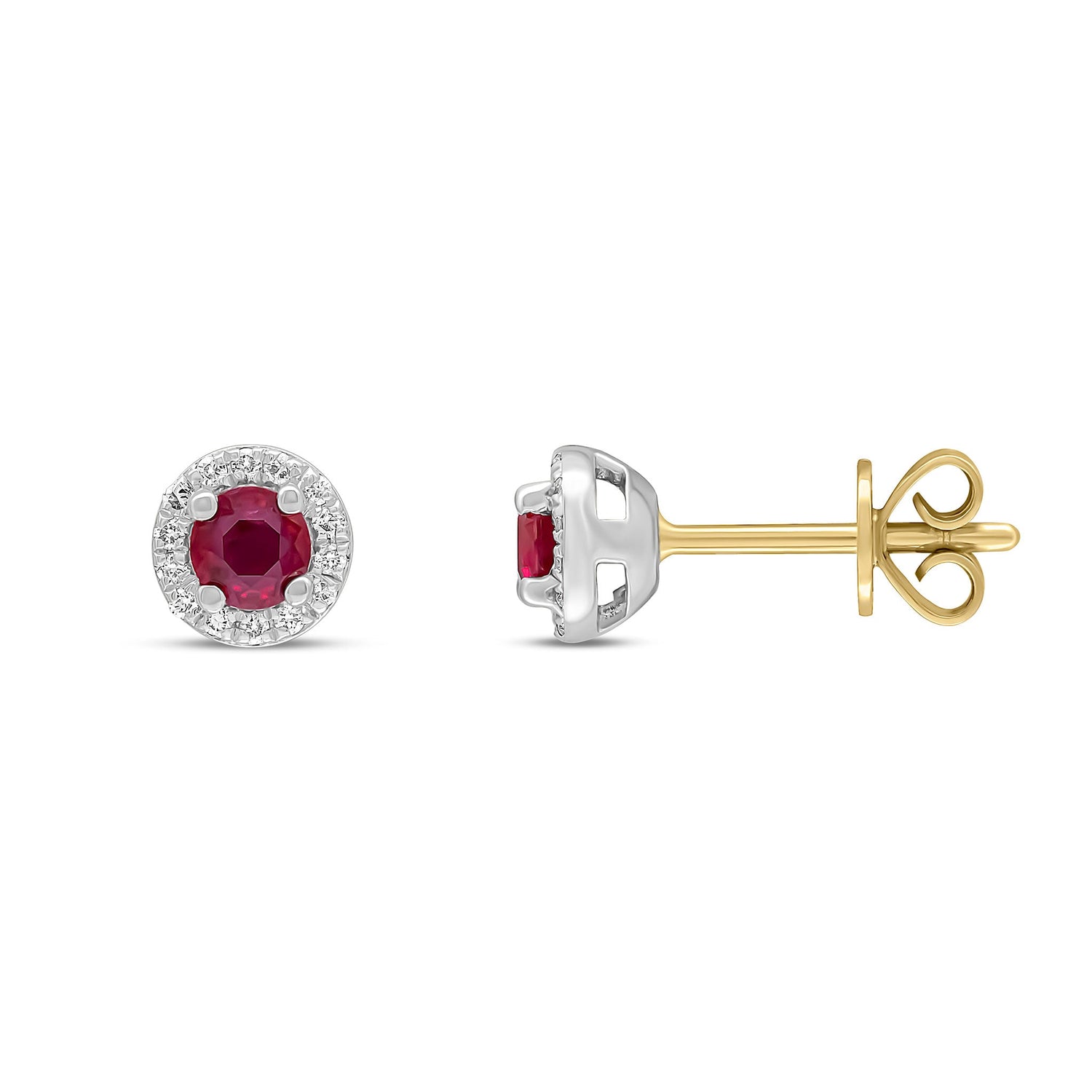 18ct White and Yellow Gold Round Natural Ruby and Diamond Cluster Earrings — 3.5mm