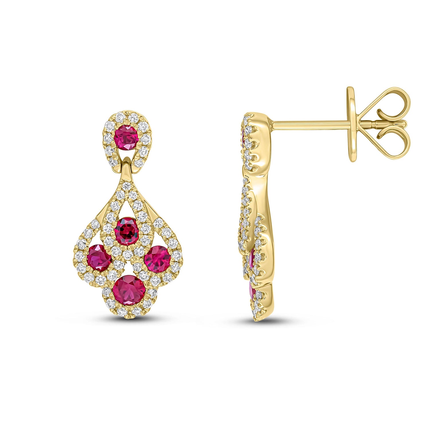18ct Yellow Gold Natural Ruby and Diamond Peacock Drop Earrings