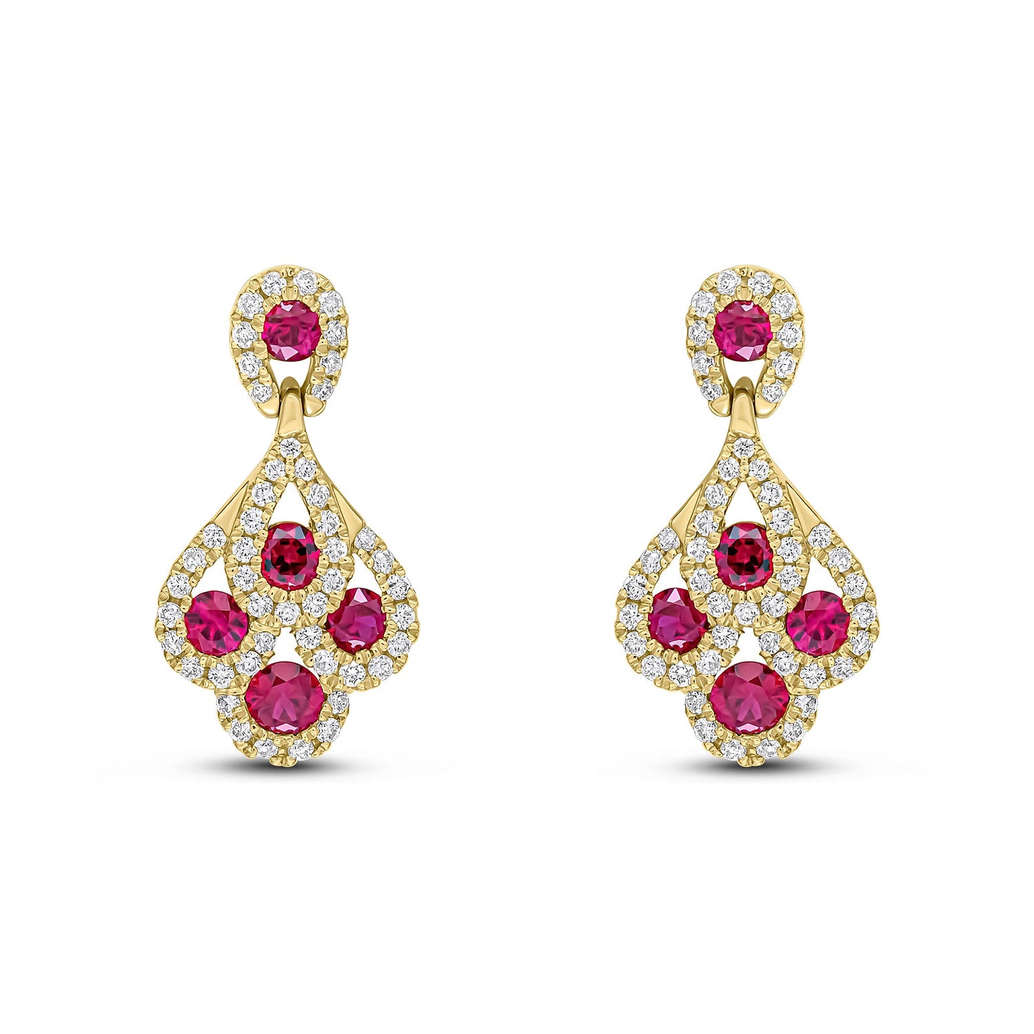 18ct Yellow Gold Natural Ruby and Diamond Peacock Drop Earrings