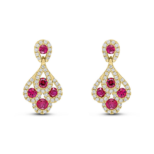 18ct Yellow Gold Natural Ruby and Diamond Peacock Drop Earrings