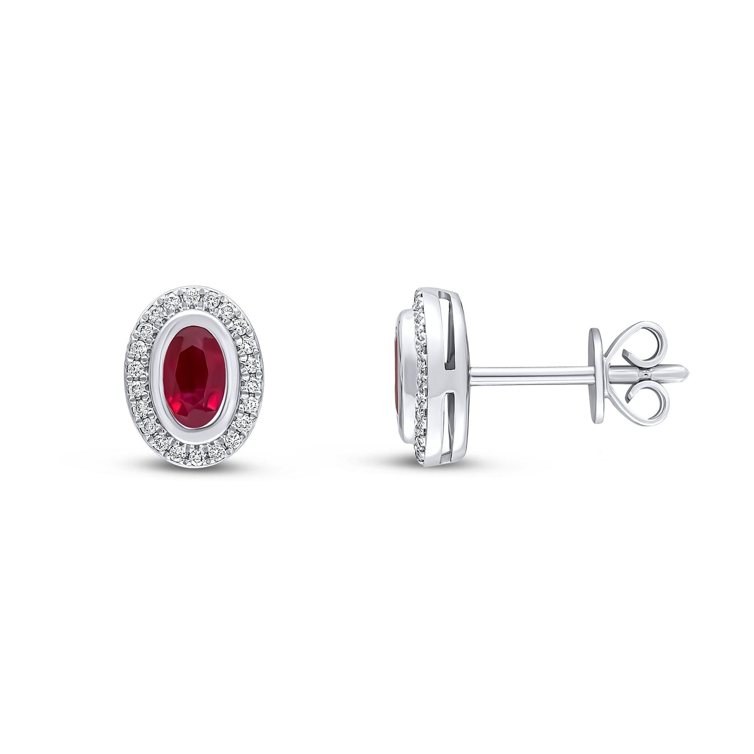 18ct White Gold Rubover Oval Natural Ruby and Grain Set Round Diamond Cluster Earrings — 5x3mm