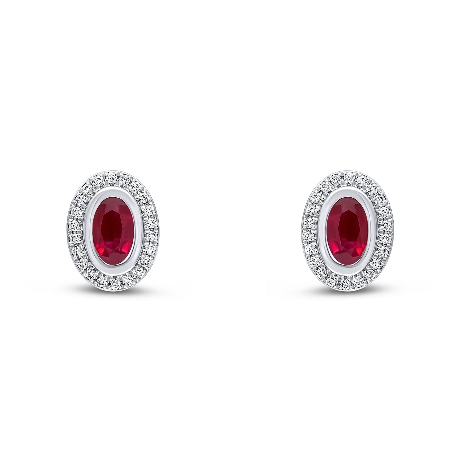 18ct White Gold Rubover Oval Natural Ruby and Grain Set Round Diamond Cluster Earrings — 5x3mm
