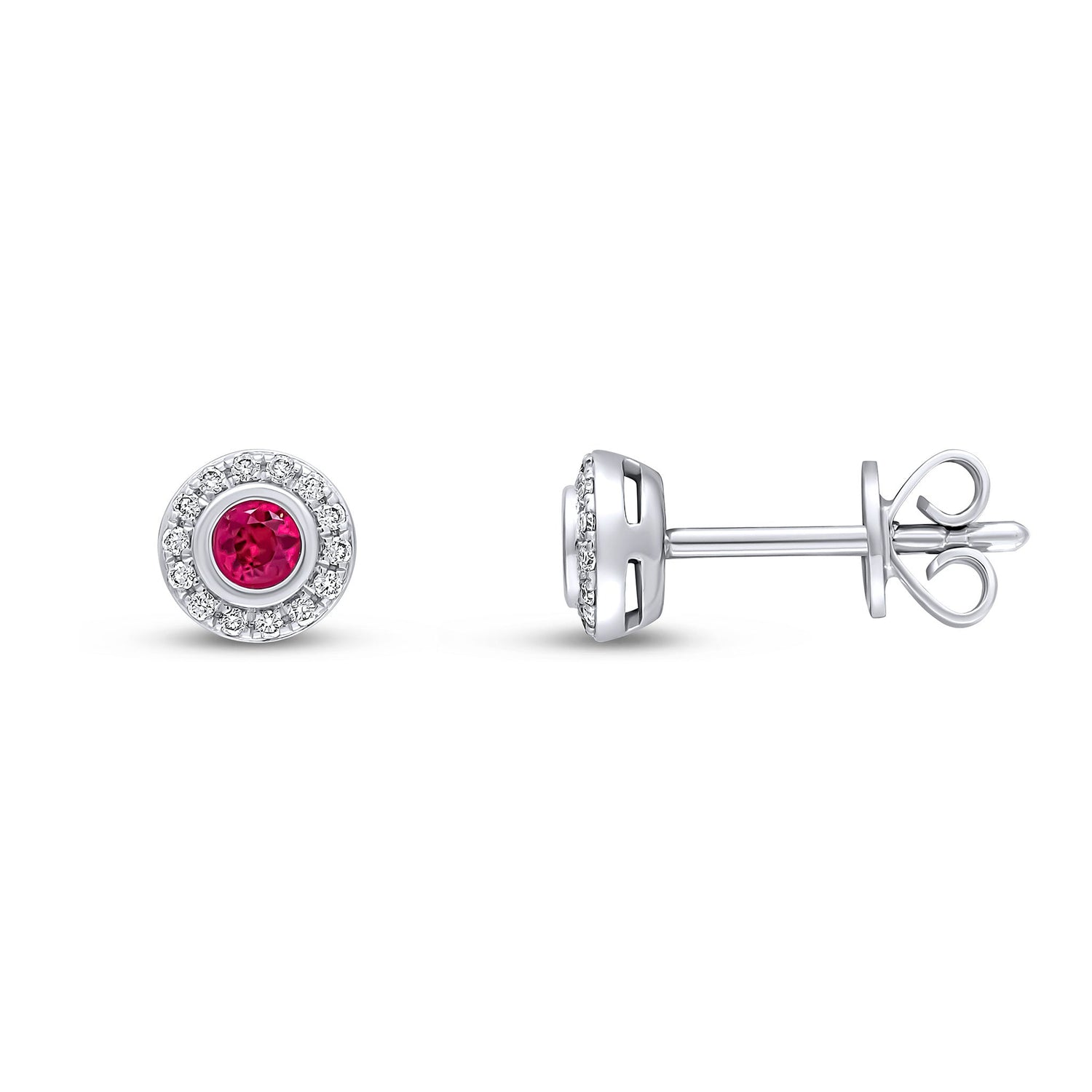 18ct White Gold Rubover Round Natural Ruby and Grain Set Round Diamond Cluster Earrings — 2.5mm