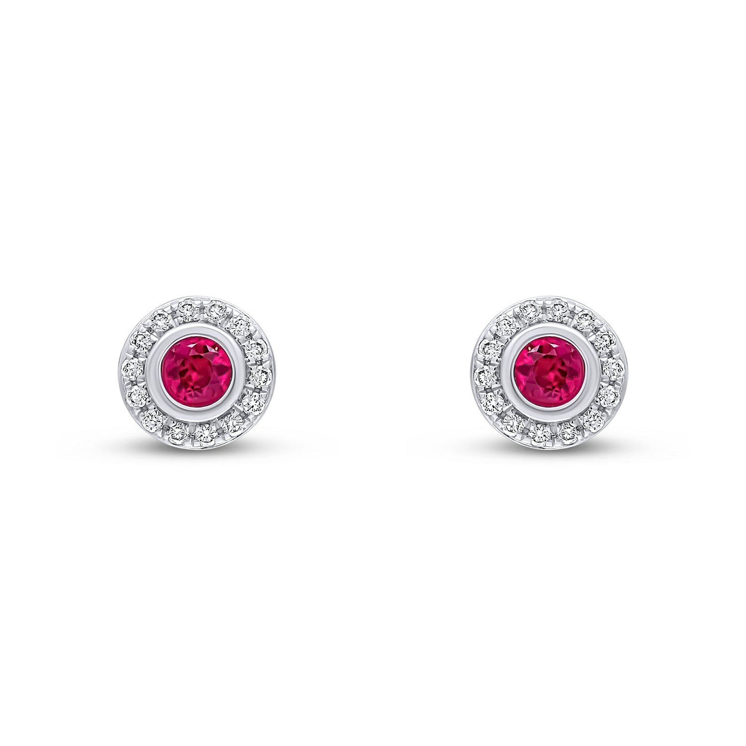 18ct White Gold Rubover Round Natural Ruby and Grain Set Round Diamond Cluster Earrings — 2.5mm