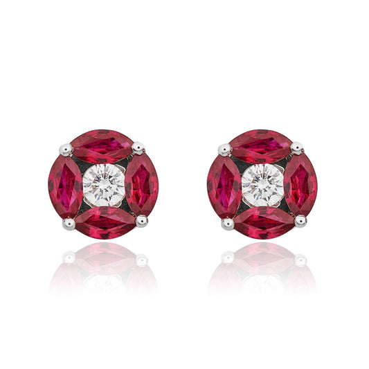 18ct White Gold Marquise Natural Ruby and Diamond Round Cluster Stud Earrings