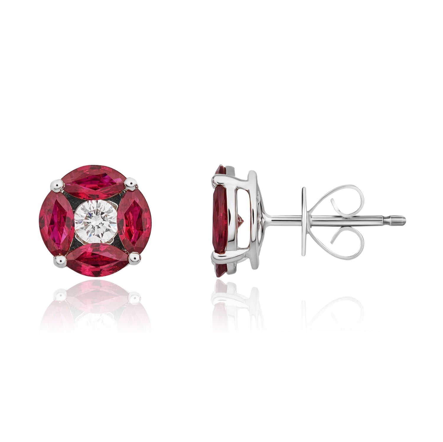 18ct White Gold Marquise Ruby & Diamond Round Cluster Stud Earrings