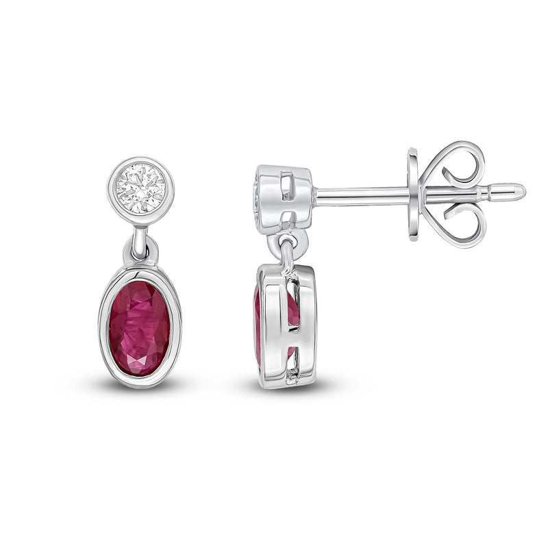 18ct White Gold Oval Natural Ruby & Diamond Two Stone Rubover Drop Earrings — 5x3mm
