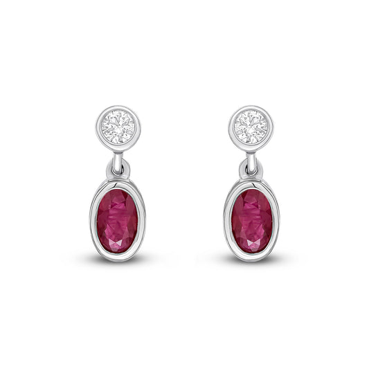 18ct White Gold Oval Ruby & Diamond Two Stone Drop Earrings