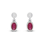 18ct White Gold Oval Natural Ruby & Diamond Two Stone Rubover Drop Earrings — 5x3mm