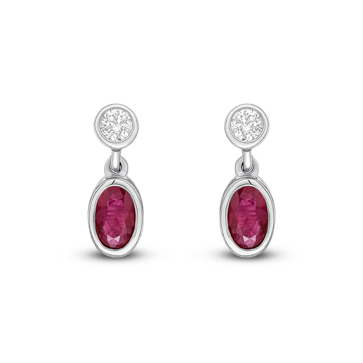 18ct White Gold Oval Natural Ruby & Diamond Two Stone Rubover Drop Earrings — 5x3mm