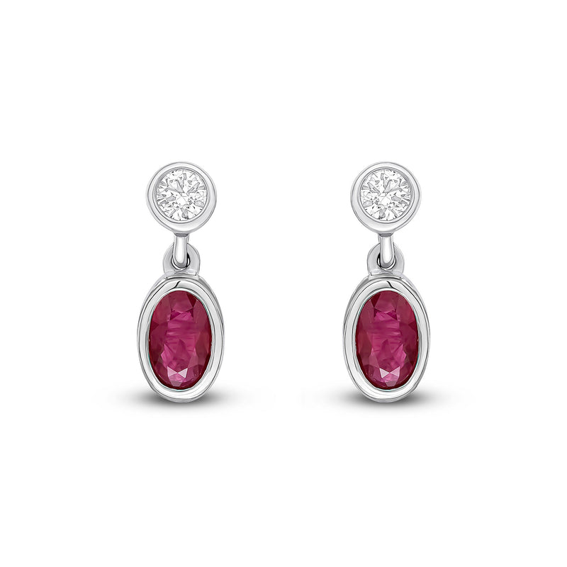 18ct White Gold Oval Natural Ruby & Diamond Two Stone Rubover Drop Earrings — 5x3mm