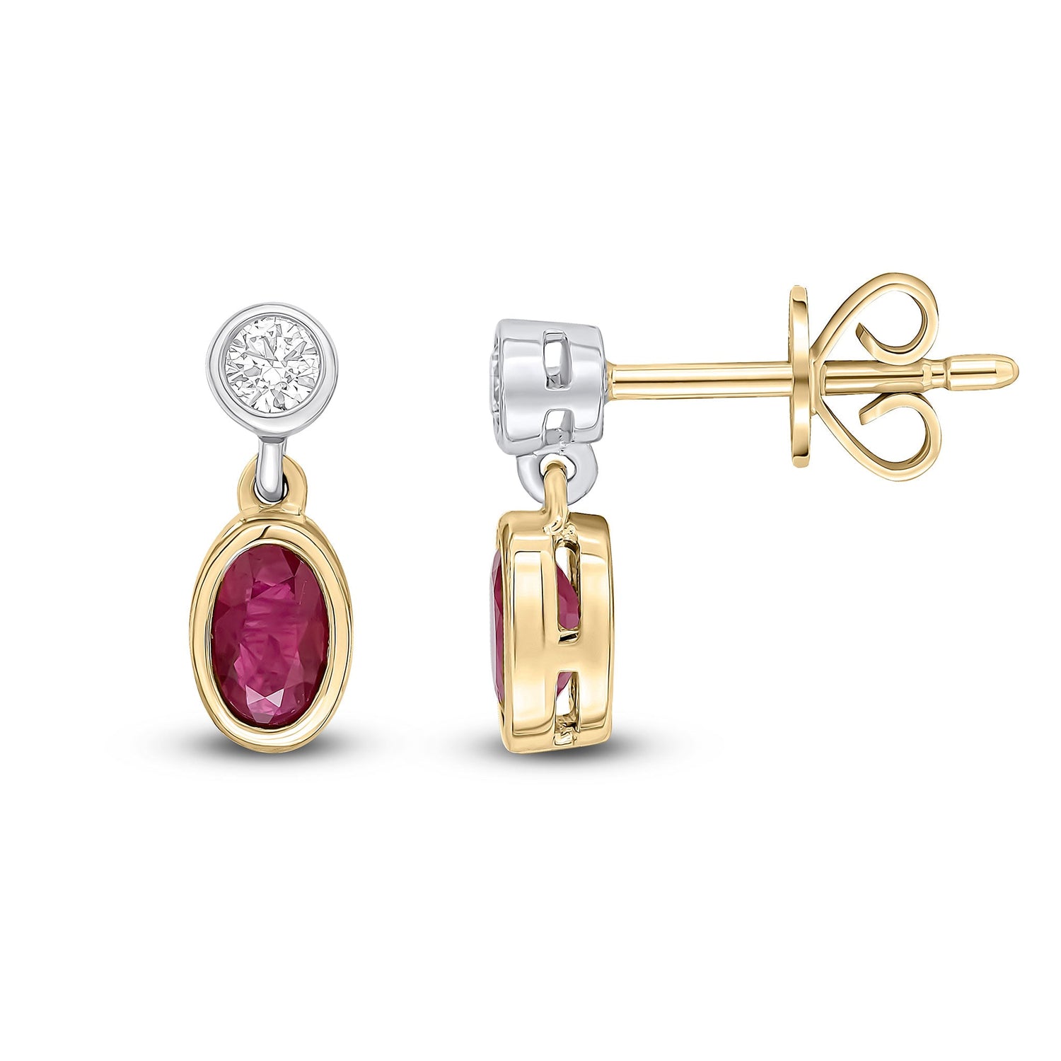 18ct Yellow and White Gold Oval Natural Ruby and Round Diamond Two Stone Earrings — 5x3mm