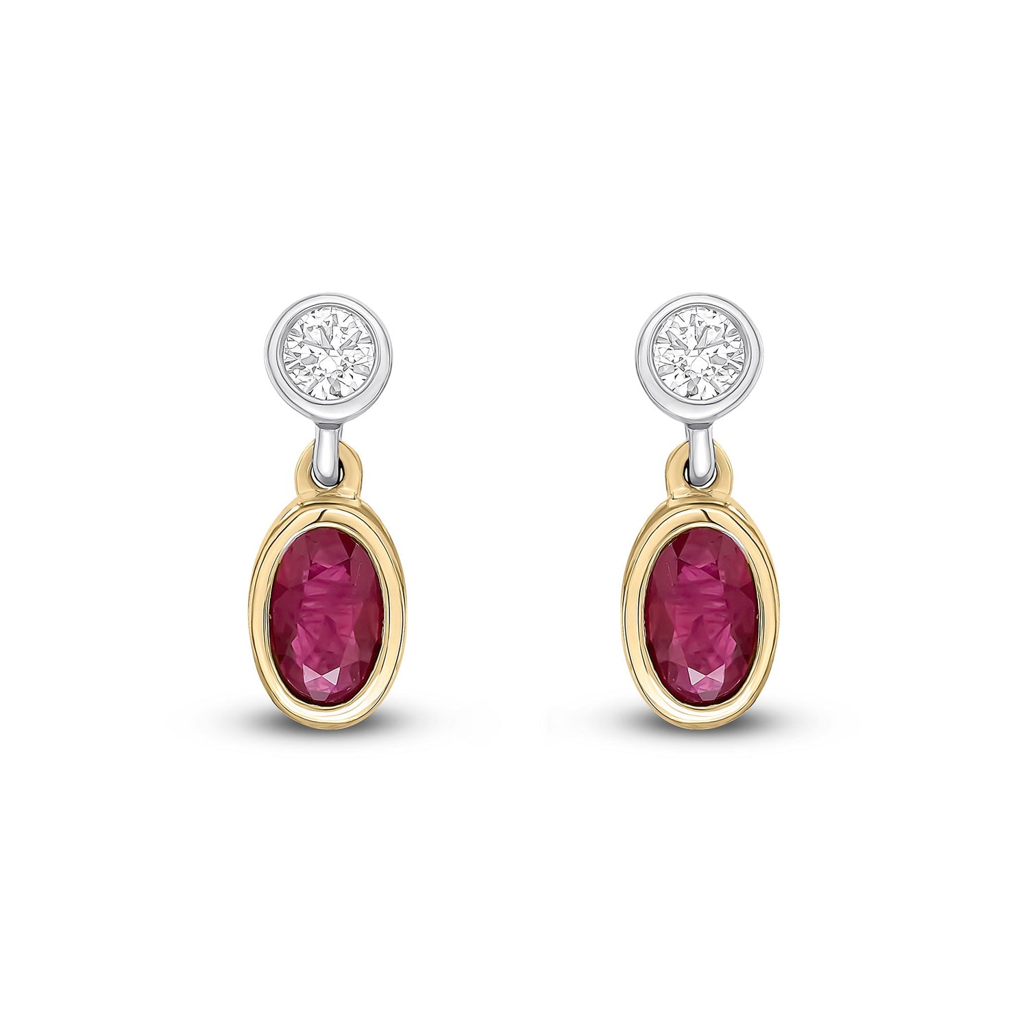 18ct Yellow and White Gold Oval Natural Ruby and Round Diamond Two Stone Earrings — 5x3mm
