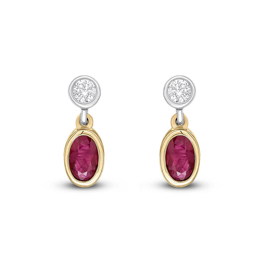 18ct Yellow and White Gold Oval Natural Ruby and Round Diamond Two Stone Earrings — 5x3mm