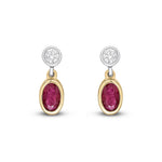 18ct Yellow and White Gold Oval Natural Ruby & Diamond Two Stone Rubover Drop Earrings — 5x3mm
