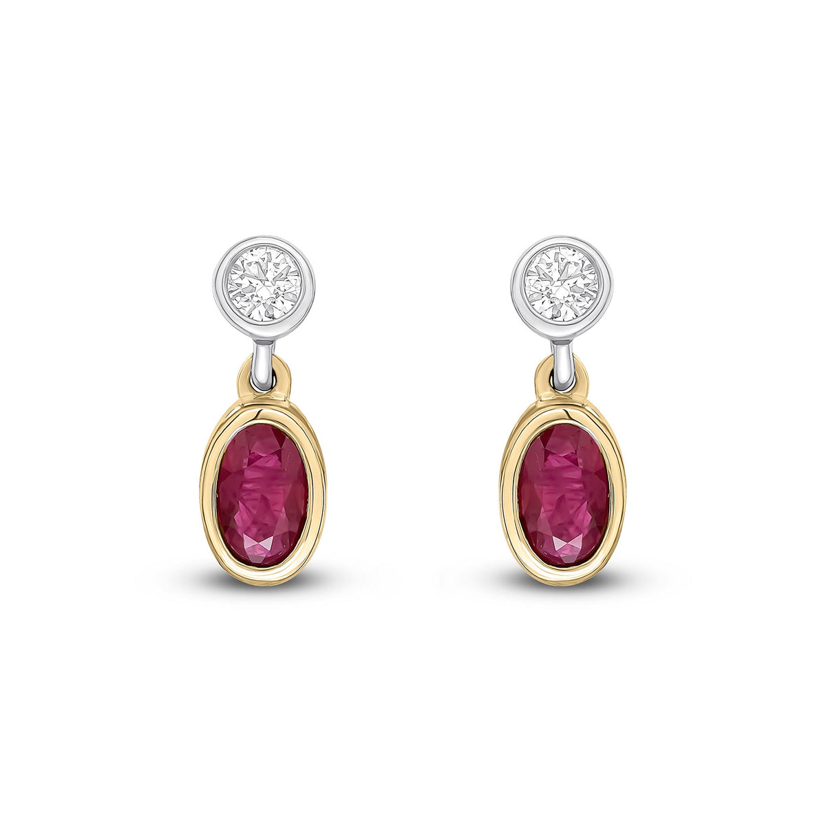 18ct Yellow and White Gold Oval Natural Ruby & Diamond Two Stone Rubover Drop Earrings — 5x3mm