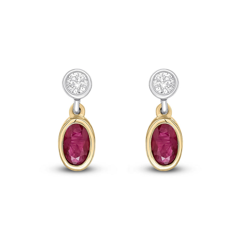 18ct Yellow and White Gold Oval Natural Ruby & Diamond Two Stone Rubover Drop Earrings — 5x3mm