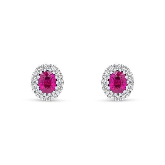 18ct White Gold Oval Natural Ruby and Diamond Cluster Stud Earrings