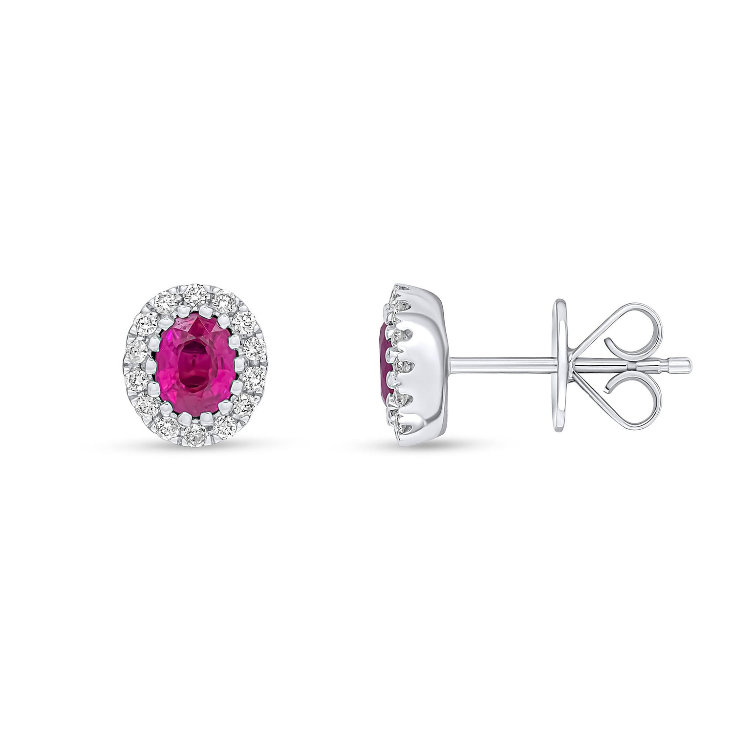 18ct White Gold Oval Ruby & Diamond Cluster Stud Earrings