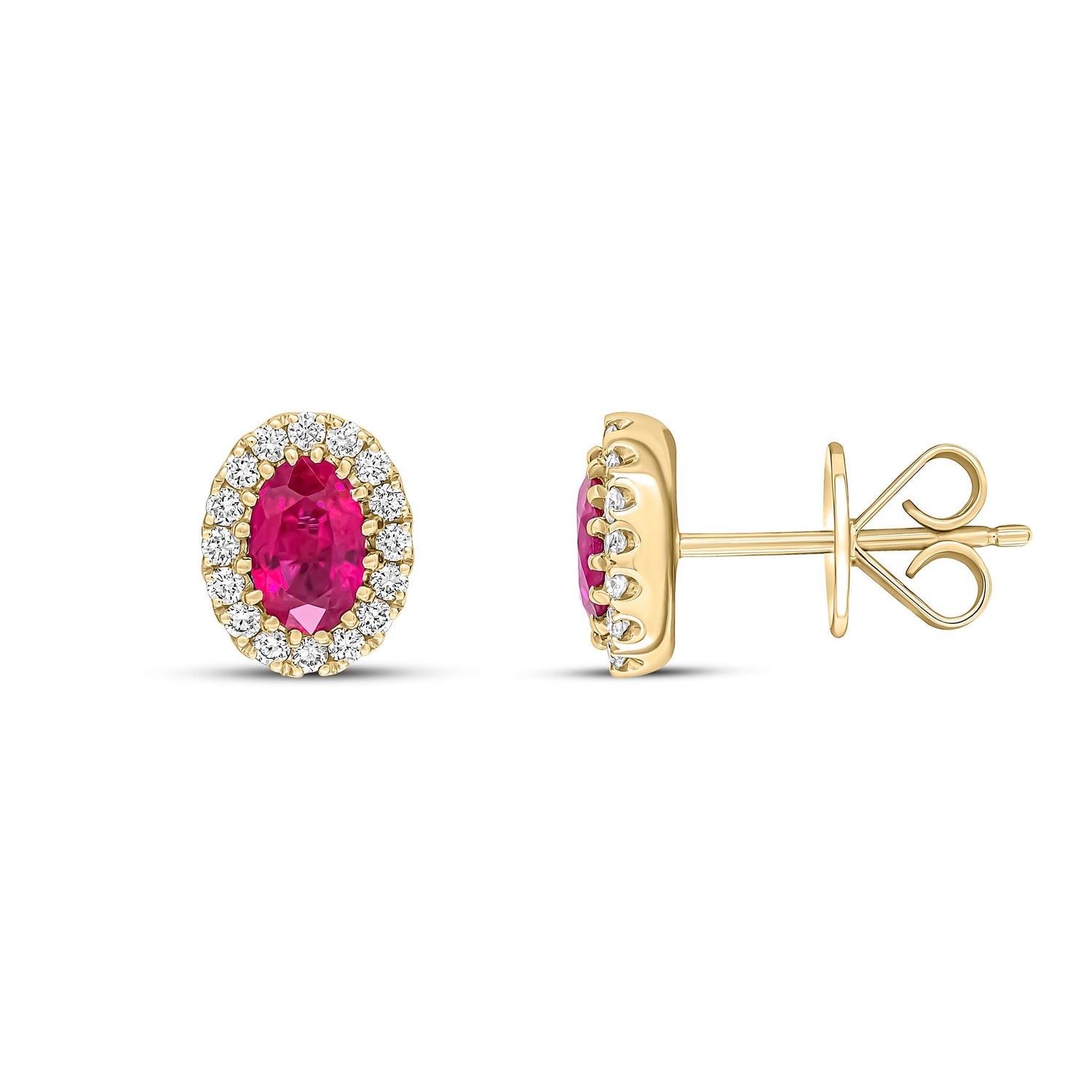 18ct Yellow Gold Oval Natural Ruby and Diamond Cluster Earrings — 6x4mm