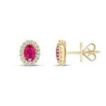18ct Yellow Gold Oval Natural Ruby & Diamond Halo Cluster Stud Earrings — 6x4mm