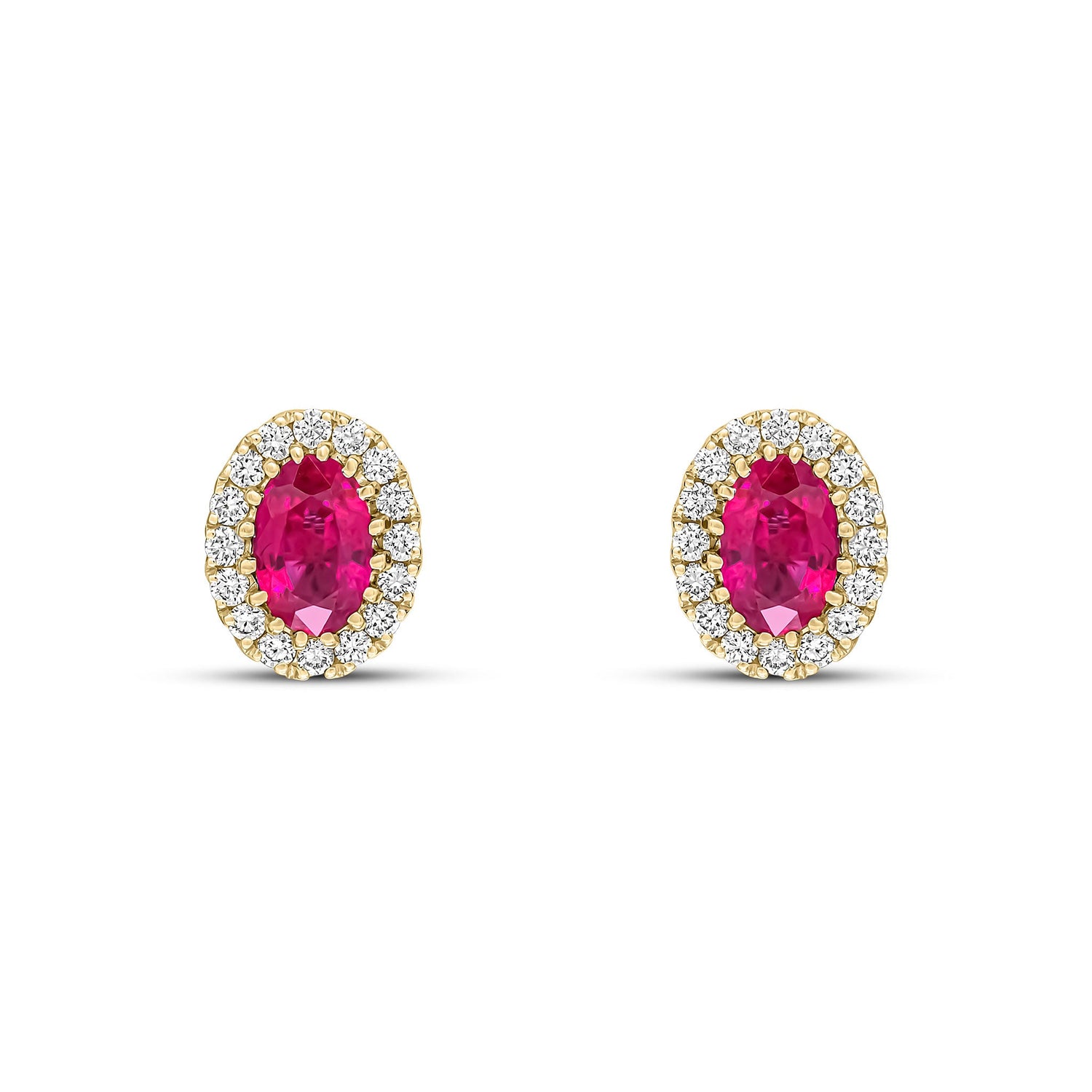 18ct Yellow Gold Oval Natural Ruby and Diamond Cluster Earrings — 6x4mm