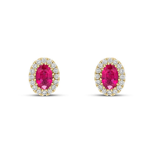 18ct Yellow Gold Oval Natural Ruby and Diamond Cluster Earrings — 6x4mm