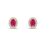 18ct Yellow Gold Oval Natural Ruby & Diamond Halo Cluster Stud Earrings — 6x4mm