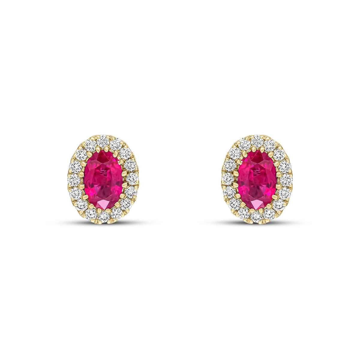 18ct Yellow Gold Oval Natural Ruby & Diamond Halo Cluster Stud Earrings — 6x4mm