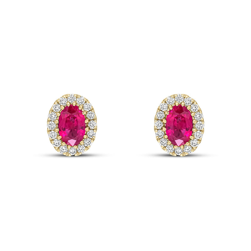 18ct Yellow Gold Oval Natural Ruby & Diamond Halo Cluster Stud Earrings — 6x4mm