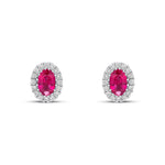 18ct White Gold Oval Natural Ruby & Diamond Halo Cluster Stud Earrings — 6x4mm