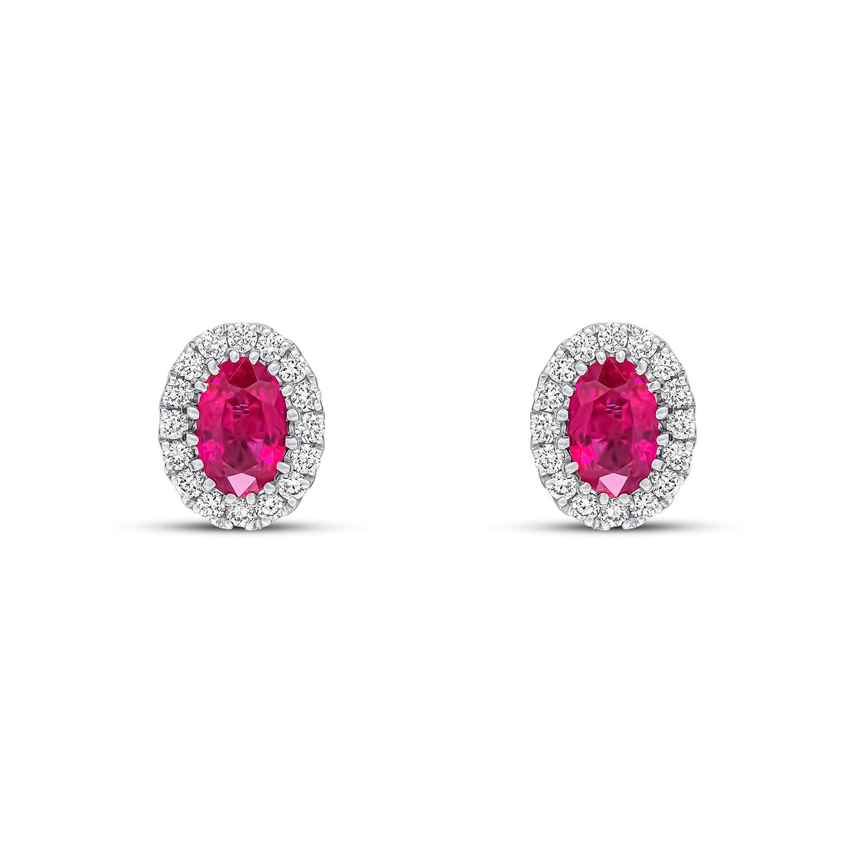 18ct White Gold Oval Natural Ruby & Diamond Halo Cluster Stud Earrings — 6x4mm