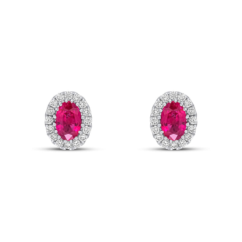 18ct White Gold Oval Natural Ruby & Diamond Halo Cluster Stud Earrings — 6x4mm