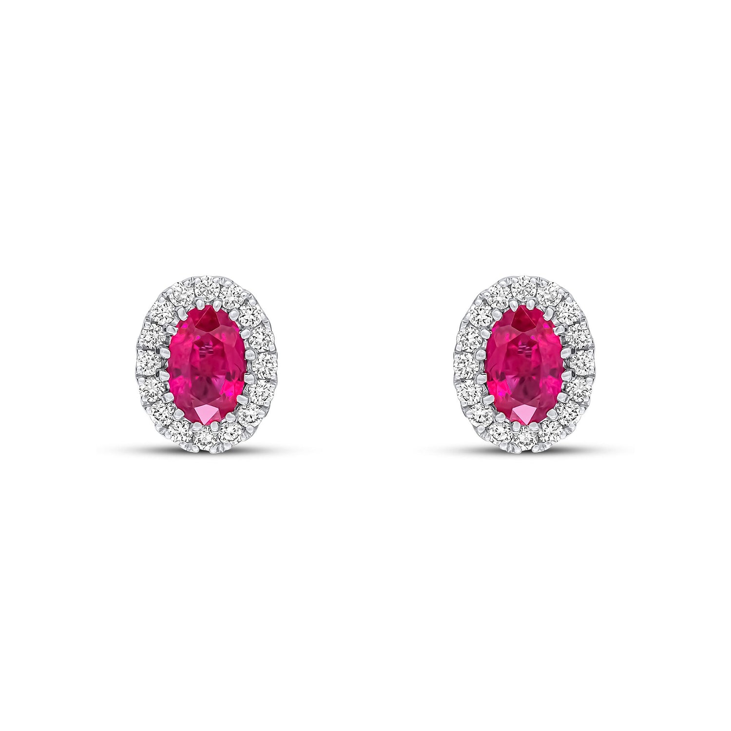 18ct White Gold Oval Ruby & Diamond Cluster Stud Earrings