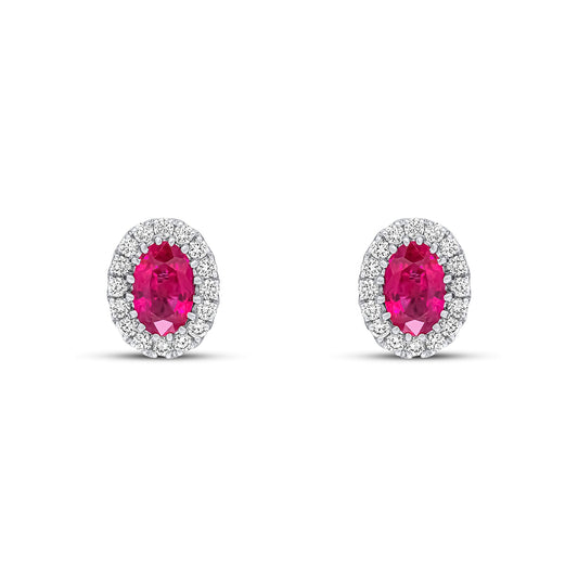18ct White Gold Oval Natural Ruby and Diamond Cluster Stud Earrings -- 6x4