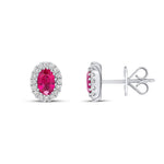 18ct White Gold Oval Natural Ruby & Diamond Halo Cluster Stud Earrings — 6x4mm