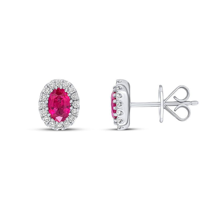 18ct White Gold Oval Natural Ruby & Diamond Halo Cluster Stud Earrings — 6x4mm