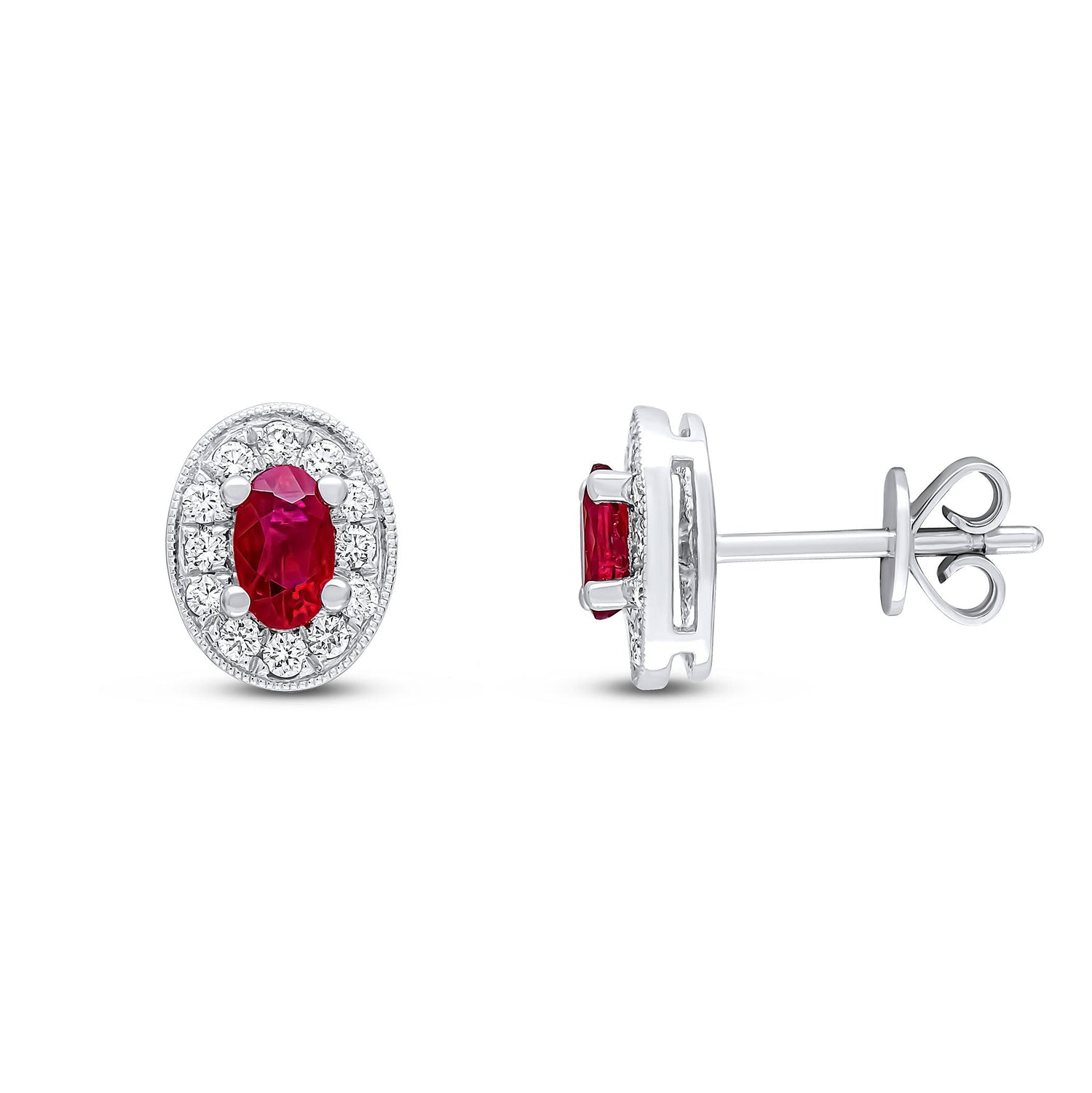 18ct White Gold Oval Natural Ruby and Millegrain Round Diamond Cluster Earrings — 5x3mm