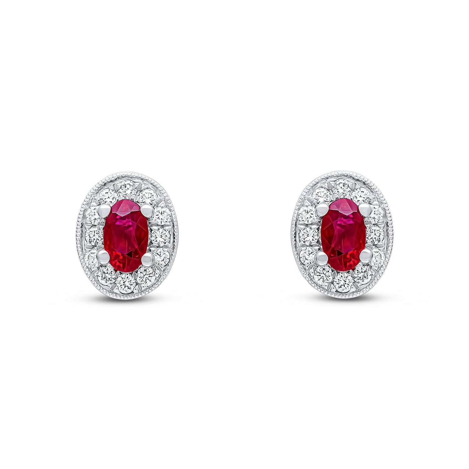 18ct White Gold Oval Natural Ruby and Millegrain Round Diamond Cluster Earrings — 5x3mm