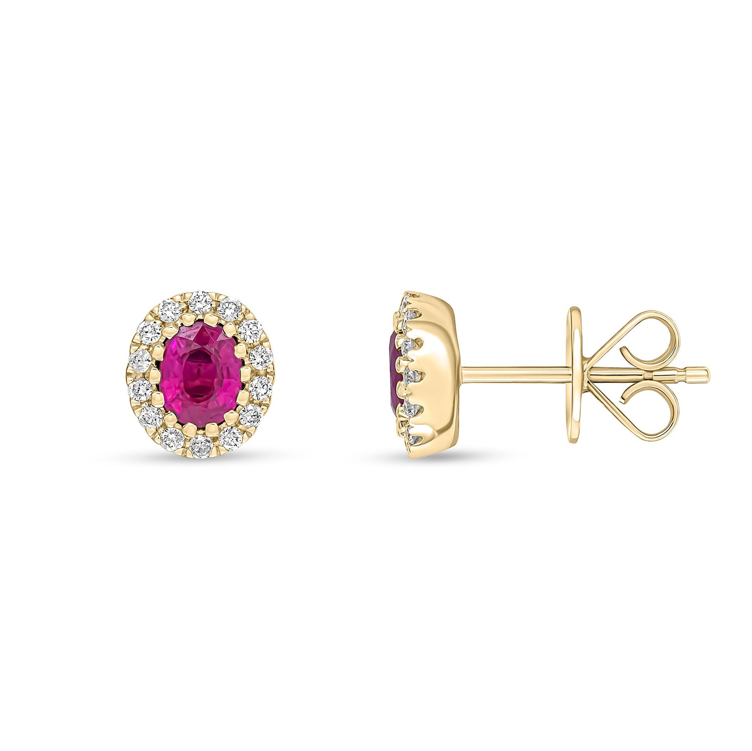 18ct Yellow Gold Oval Natural Ruby and Diamond Cluster Earrings — 5x4mm